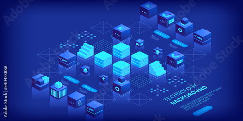 Technologies background concept. Abstract futuristic cubes design and different geometric shapes. Digital innovation and artificial intelligence. Blockchain tech. Vector illustration in isometric view