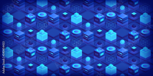 Abstract futuristic isometric background Technology connection digital data and big data concept Block chain technology with polygonal shapes on dark blue Illustration vector design digital concept
