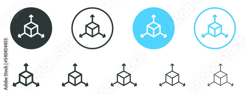 Cube icon with three arrows direction sign vector, Augmented reality. dimensions cube icon symbol, cubic box icon . 3D Cube line icon, transform move cube icon Hexagon Logo for website mobile apps