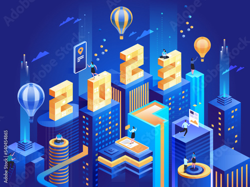 2023 Happy New Year. New innovative ideas. Digital technologies. Isometric technology for new year holiday posters and banners. Vector illustration with trendy geometric elements