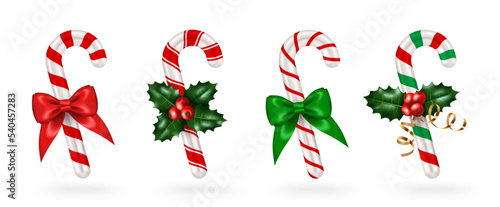 Candy cane 3d icon set with green red ribbon and holly berry sprig decoration. Vector illustration. Merry Christmas Happy New Year candycane sweets, santa gift. Element for holiday poster flyer card