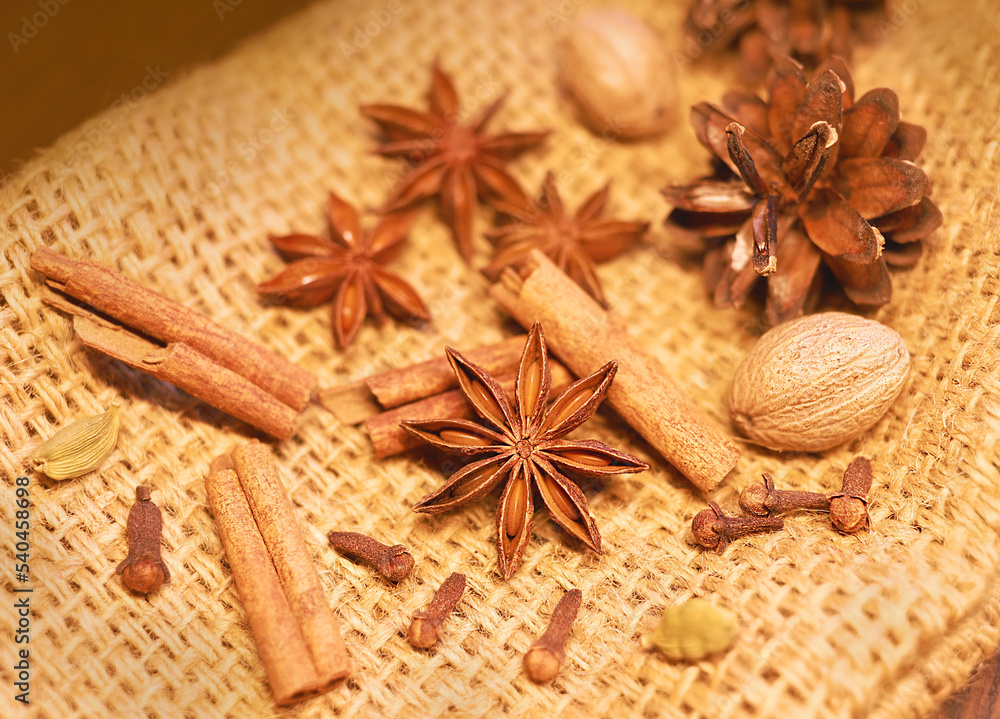 Aromatic spices collection on sackcloth, Christmas vibes. Ingredients for mulled wine. Anise stars, cardamom, cinnamon sticks, nutmeg, clove aromatic flower buds for mulled wine cooking at home.