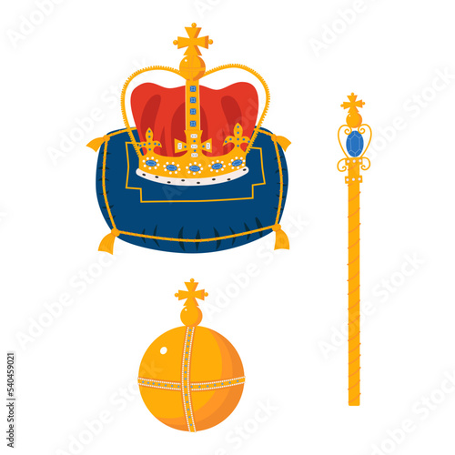 Crown on the ceremonial pillow, globus cruciger, scepter cartoon vector illustration. Royal gold jewelry. King, queen monarchy imperial symbol. Isolated on a white background photo
