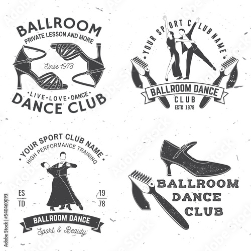 Set of Ballroom dance sport club logos, badges design. Concept for shirt or logo, print, stamp or tee. Dance sport sticker with shoes for ballroom dancing, man and woman silhouette. Vector.
