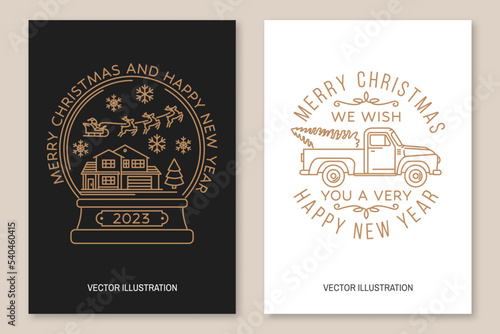 Set of Merry Christmas and Happy New Year flyer, brochure, banner, poster with snowflakes, mug of hot chocolate with snow globe, candy, sweet candy, pickup. Vector. Line art design for xmas, new year