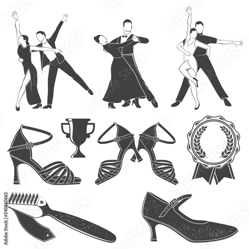 Set of Ballroom dance sport icon silhouette. Concept for shirt or logo, print, stamp or tee. Set include shoe brush, shoes for ballroom dancing, couple man and woman dancing. Vector.