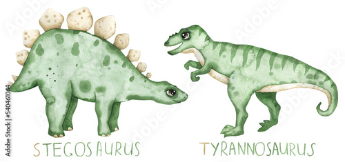 Watercolor set with vintage dino. Green stegosaurus and tyrannosaur © Liubov