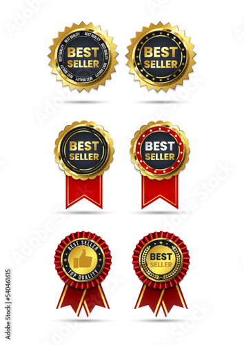 3d golden best seller award label collection. Realistic premium warranty badges with red ribbon and laurel wreath