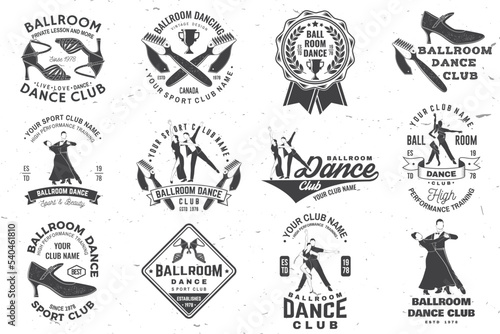 Set of Ballroom dance sport club logos, badges design. Concept for shirt or logo, print, stamp or tee. Dance sport sticker with shoes for ballroom dancing, man and woman silhouette. Vector.
