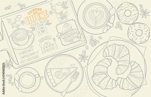 Hand drawn vector sketch illustrations of Café - patisserie with menu croissants, coffee, cappuccino, cake, donuts and more sweet treats.