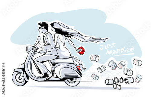 Just married - young Italian couple bride and groom on the scooter and noisy empty cans behind
