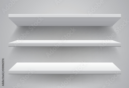 Set white shop product shelves, realistic shelf, shopping merchandise market products racks, blank empty showcase display, supermarket retail shelves, store rack – vector
