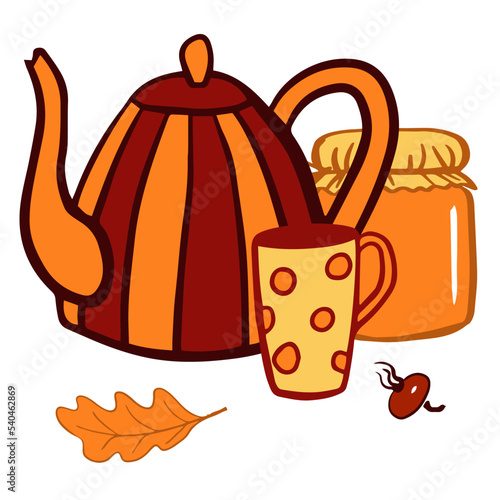 Autumn still life with teapot, mug and jar of jam. Fall composition for cover, card, flyer, tea party design. Vector doodle illustration