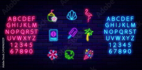 Summer neon icons collection. Coconut drink, flamingo and shell. Luminous blue and pink alphabet. Vector illustration