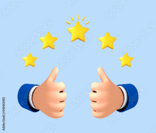 Two 3D cartoon hands show a gesture thumb up for success or good feedback. Five star rating. Positive concept and like symbol. Customer review rating and client feedback concept. Vector illustration