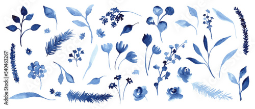 Set of blue watercolor botanical elements, plants, branches, flowers. Hand painted decorative floral collection.