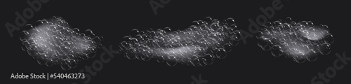 Soap foam with bubbles, realistic sparkling shampoo, bath lather texture, liquid laundry detergent effect isolated on a dark background. Vector illustration.