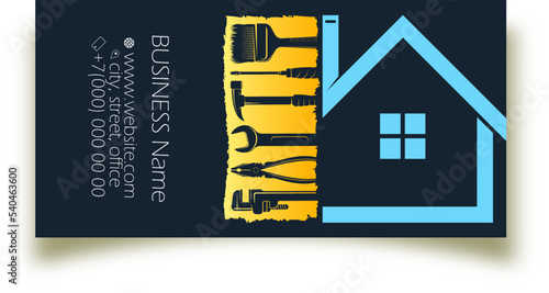 Business card concept for repair and construction. Repair tool set and house silhouette