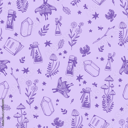 Magic concept vector seamless pattern. Seamless pattern of stars, crystals, toadstools, potion bottles and moths.