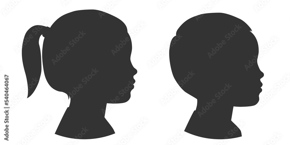 Silhouettes of child face. Little girl and boy. Outlines baby in profile.  Illustration on a transparent background