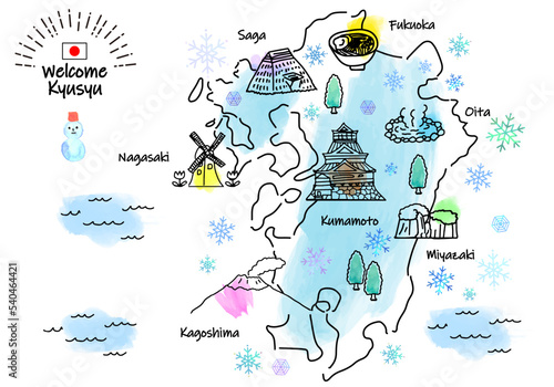 冬の九州の観光地のシンプル線画イラストマップ
