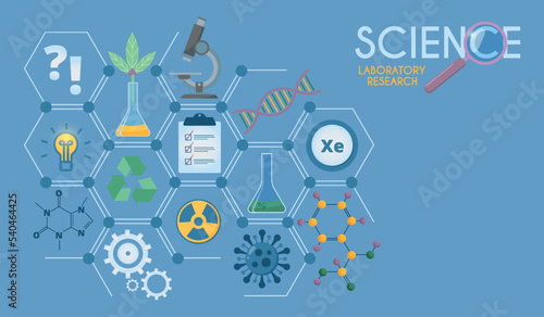 Science background in blue. Hexagon frame.Laboratory research. Concept for landing pages on the theme of science  learning  education. Vector illustration. Chemistry  biology  physic
