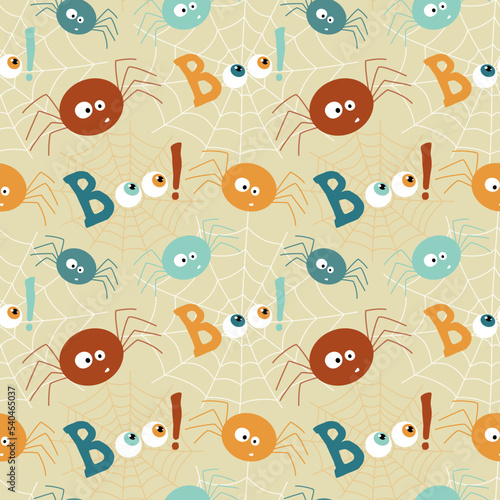 Halloween seamless pattern with confused cartoon spiders, cobwebs and Boo