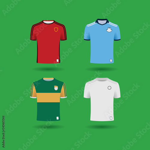 Illustrations of Irish Football and Hurling jersey uniforms from different counties in Ireland. Vector drawing European soccer shirt.