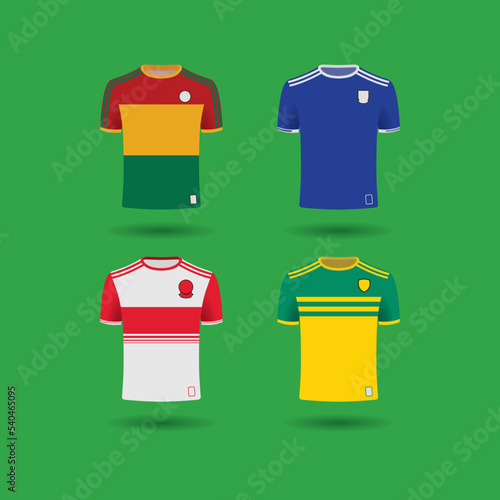 Illustrations of Irish Football and Hurling jersey uniforms from different counties in Ireland. Vector drawing European soccer shirt.