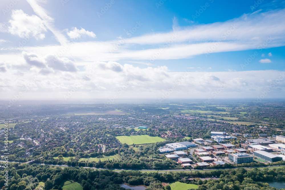 Beautiful aerial view near the Dinton Pastures Country Park, Black and White Swan Lake, and Winnersh Triangle