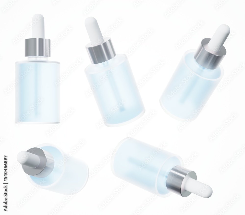 Cosmetic serum bottle with pipette mockup 3D render, skin care blue oil dropper in several views, beauty business design ready template isoltaed Cosmetic serum bottle with pipette mockup 3D render, skin care blue oil dropper in several views, beauty business design ready template isoltaed