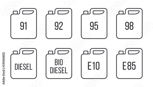 Set of different gasoline canister line icons with inscriptions: 92, biodiesel, diesel etc. Vector illustration photo