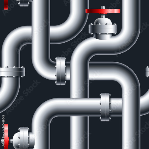 Metal pipelines with red faucet seamless pattern vector illustration