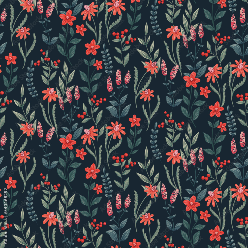 Seamless floral pattern, beautiful ditsy print with ornate dark garden. Elegant flower background design with hand drawn wild plants, small red flowers, grass, leaves. Vector botanical illustration. Seamless floral pattern, beautiful ditsy print with ornate dark garden. Elegant flower background design with hand drawn wild plants, small red flowers, grass, leaves. Vector botanical illustration.