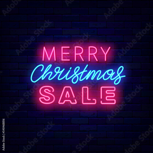 Merry Christmas sale neon signboard on brick wall. Winter special offer. Light advertising. Vector stock illustration