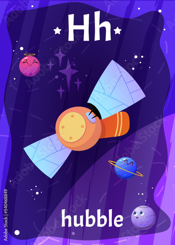 Printable space alphabet flashcard with letter H. Cartoon hubble space telescope, planets and english word on flash card for children education. Kid cards for teaching reading in kindergarten, school.
