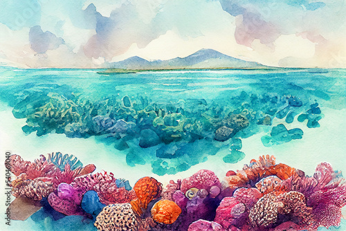 Watercolor underwater life. painted coral reef, Great Barrier reef, underwater coral . Aquatic illustration for design, print or background. Beautiful wildlife. 3D rendering © waichi2013th