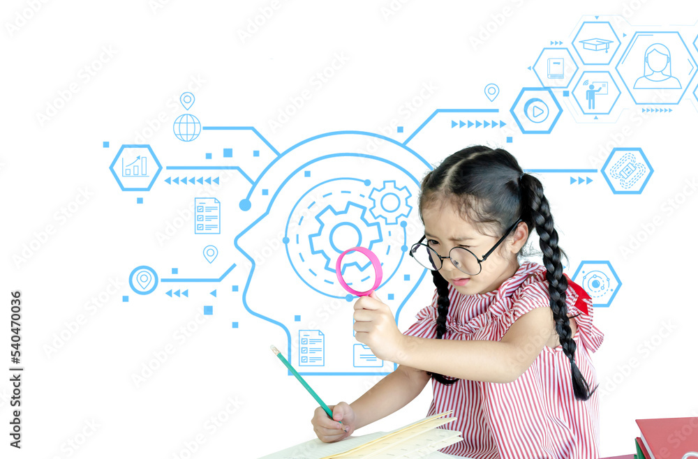 Little girl take magnifying glass with interface icon with isolated on white background,E learning concept Little girl take magnifying glass with interface icon with isolated on white background,E learning concept