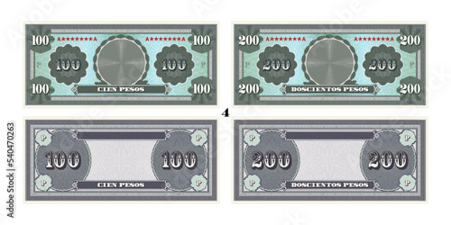 Vector set of obverse and reverse, paper gaming banknotes. One hundred and two hundred pesos are written in Spanish. Sample bills. Empty circle, vintage guilloche frames and grids. Part 4