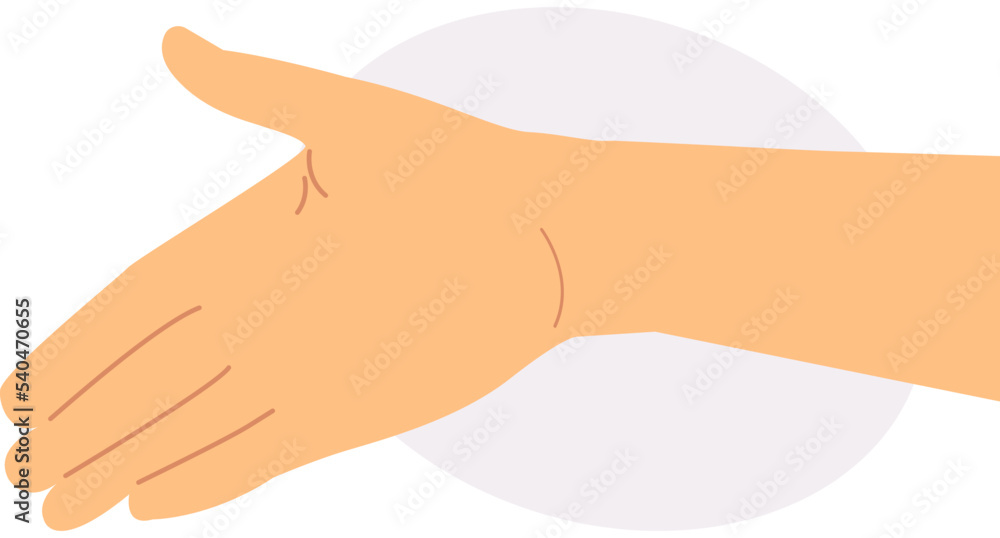Hand with open palm. Friendship gesture. Light violet ellipse shape background. Transparent background. Flat vector illustration. Hand with open palm. Friendship gesture. Light violet ellipse shape background. Transparent background. Flat vector illustration.