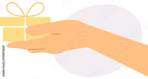 Hand holding yellow box with a bow. Light violet ellipse shape background. Transparent background. Flat vector illustration.
