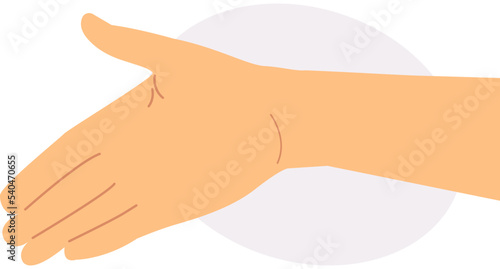 Hand with open palm. Friendship gesture.  Light violet ellipse shape background. Transparent background. Flat vector illustration.