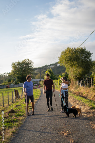 Photography Three people walking and talking in the nature at sunset with two dogs