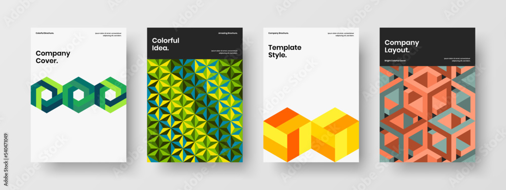 Bright booklet A4 design vector illustration composition. Abstract mosaic pattern pamphlet layout set.