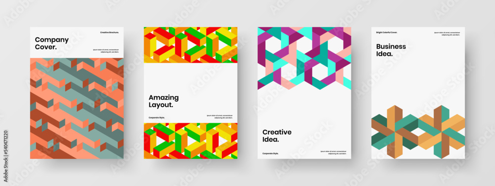 Modern presentation A4 vector design concept composition. Multicolored geometric hexagons corporate brochure illustration set.