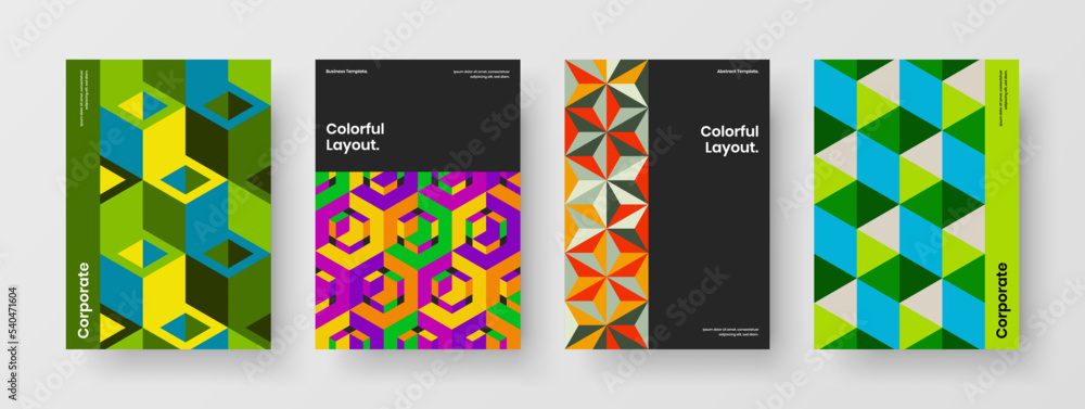 Vivid postcard A4 design vector concept collection. Original geometric hexagons annual report template set.