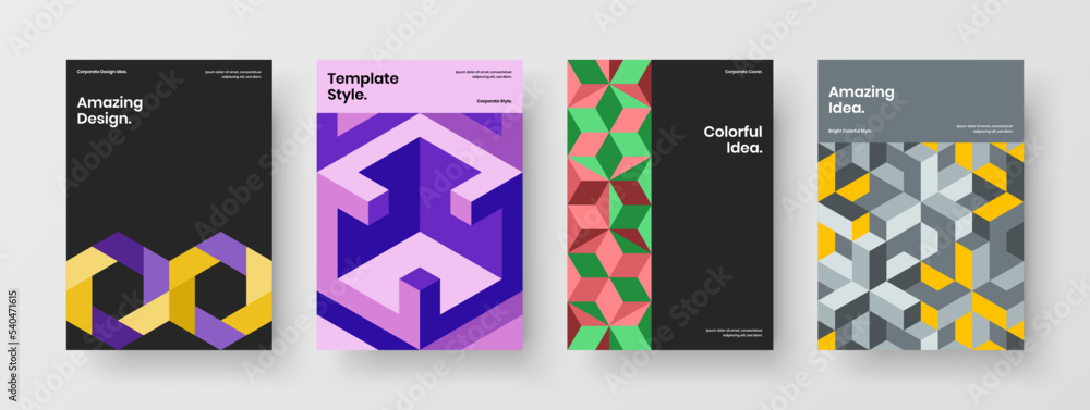 Colorful mosaic hexagons cover illustration collection. Creative booklet vector design layout set.