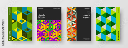 Vivid postcard A4 design vector concept collection. Original geometric hexagons annual report template set.
