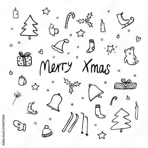 simple cute vector black ink line contour hand drawn doodle xmas mood objects set for kids notes pattern fun colouring packaging christmas holidays