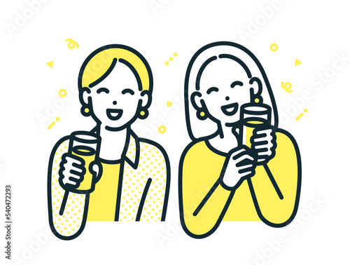 お酒を飲む二人。ほろ酔い気分で楽しげな女性のイラスト素材。